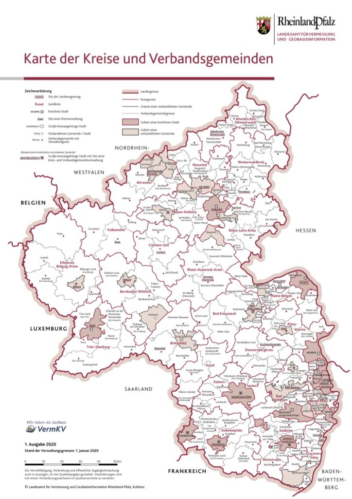 Karte der Kreise und Verbandsgemeinden in Rheinland-Pfalz